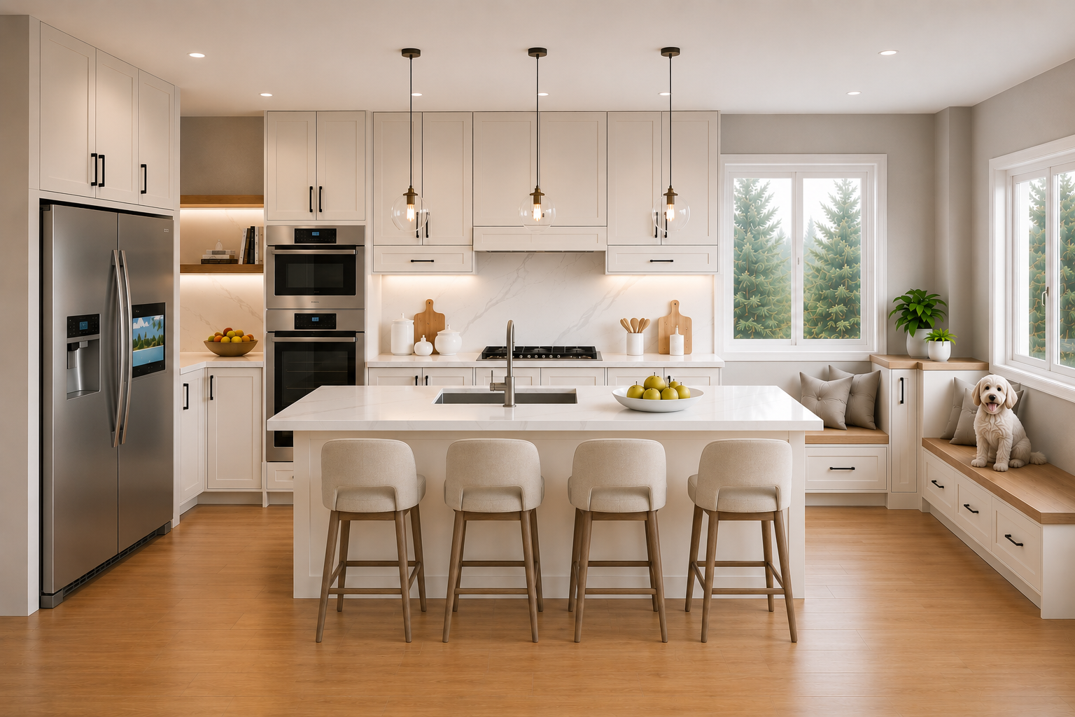 Final 3D rendering of the new kitchen at 1034 Greenwood Avenue — white shaker cabinetry, quartz countertops, central island and window-side bench.